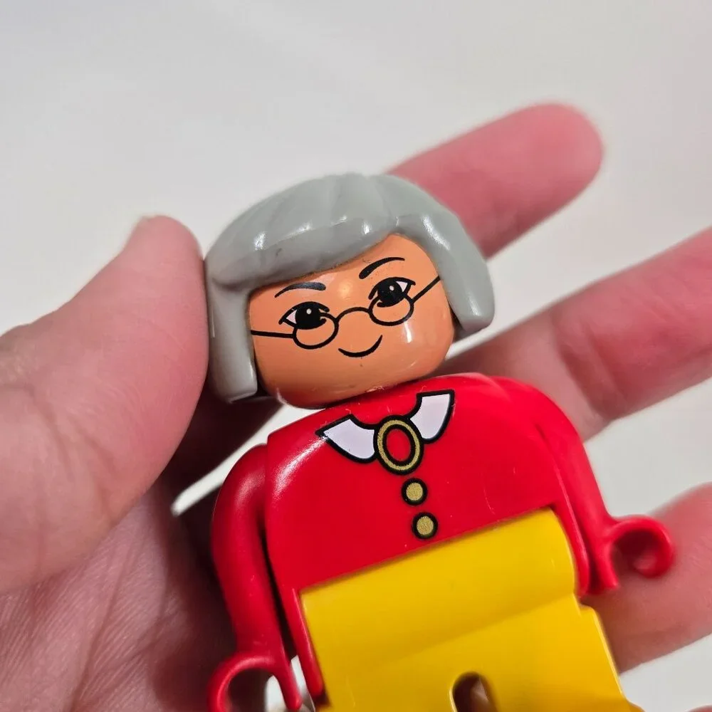 Vintage Lego Duplo Asian Grandma Figure Gray Hair Glasses Red Shirt Brooch 90s